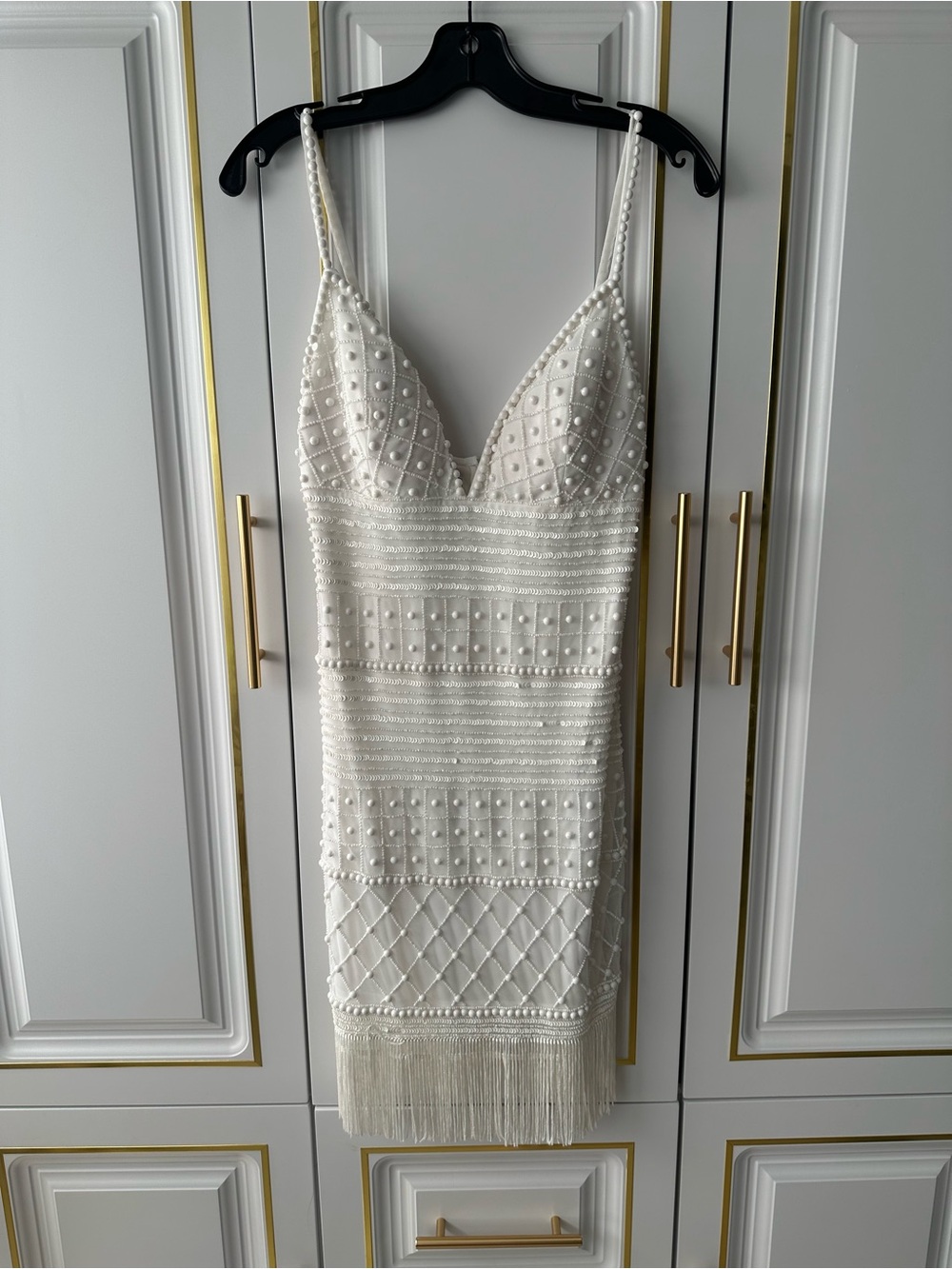 Ivory Beaded Fringe Spaghetti Strap Mini Dress